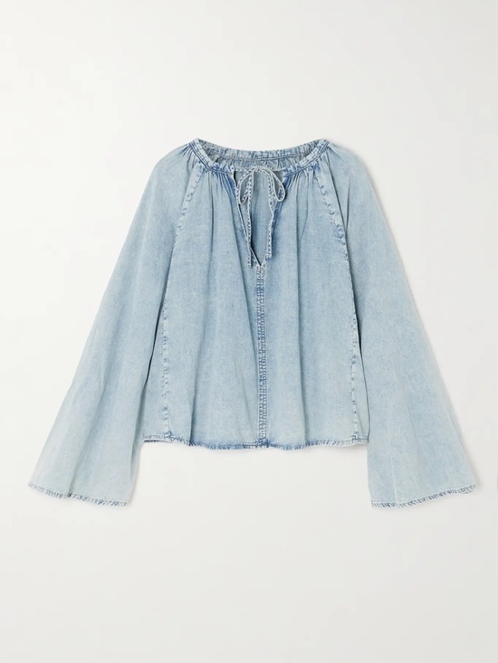 Frame Denim Tops - Frame Gathered Cotton and Linen Blue Washed Denim Boho Flowy Top Size Medium